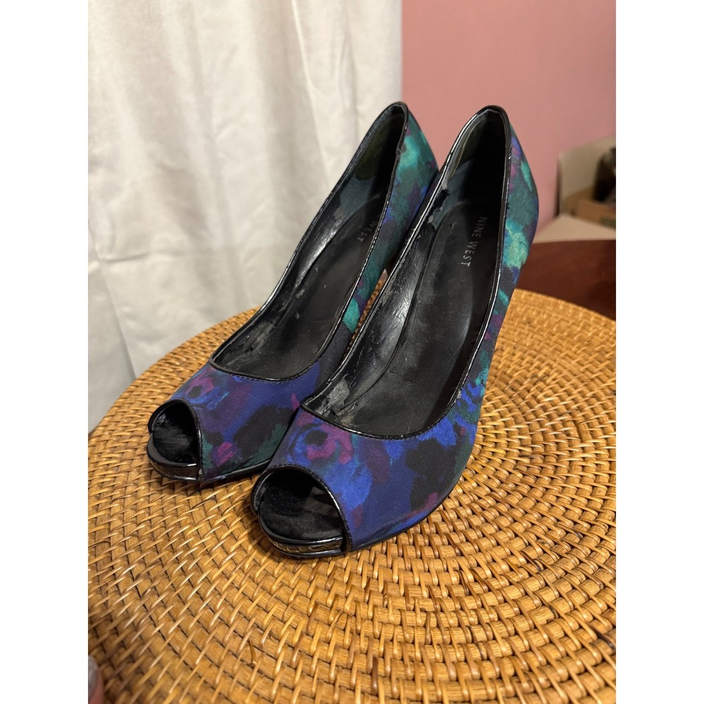 Nine West Womens Abstract Floral Peep Toe Pumps Blue Purple Teal Heels Size 9.5M